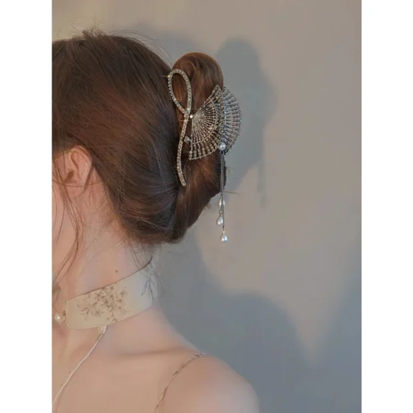 New Style Antique Diamond-Studded Fan-Shaped Hair Clip Pearl Tassel Large Metal Shark Classy Super Fairy Plate Hairpin