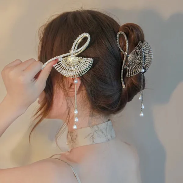 New Style Antique Diamond-Studded Fan-Shaped Hair Clip Pearl Tassel Large Metal Shark Classy Super Fairy Plate Hairpin