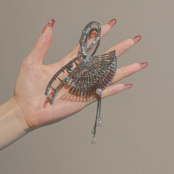 New Style Antique Diamond-Studded Fan-Shaped Hair Clip Pearl Tassel Large Metal Shark Classy Super Fairy Plate Hairpin