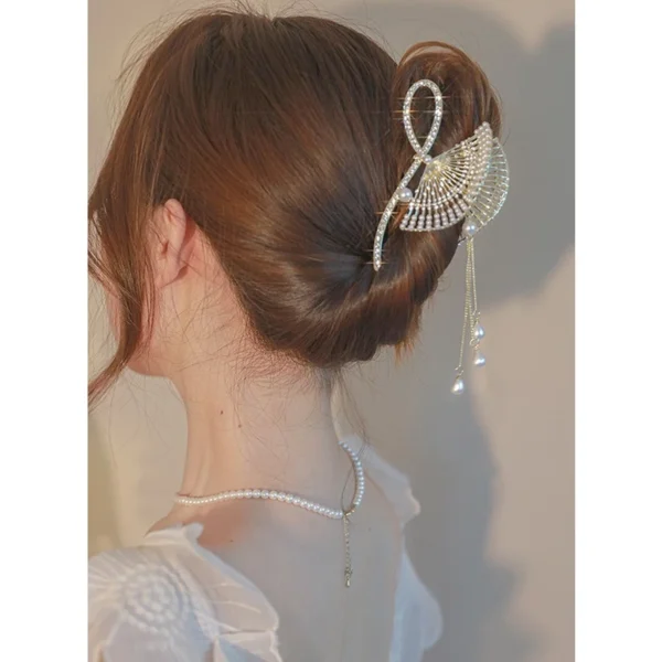 New Style Antique Diamond-Studded Fan-Shaped Hair Clip Pearl Tassel Large Metal Shark Classy Super Fairy Plate Hairpin