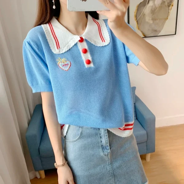 Blue-Thin-Knitted-Short-Sleeve-Top.webp Blue Thin Knitted Short Sleeve Top