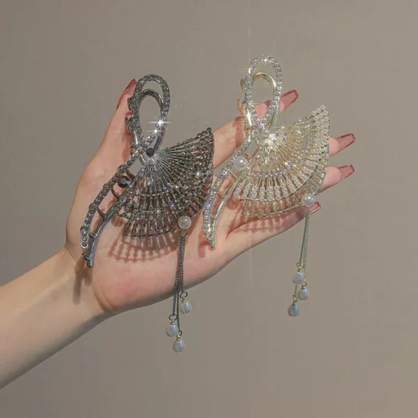 New Style Antique Diamond-Studded Fan-Shaped Hair Clip Pearl Tassel Large Metal Shark Classy Super Fairy Plate Hairpin